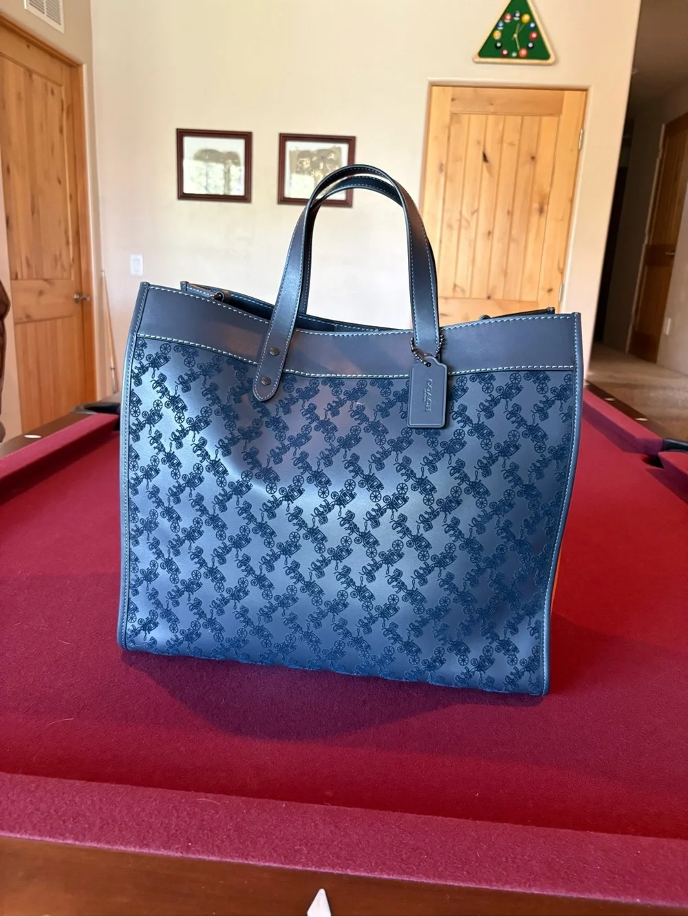 Coach Field tote 40 Horse and Carriage print Navy with brown suede